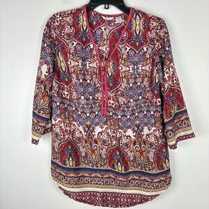 Womens Boho Peasant Blouse Popover 3/4 Sleeve Red Sz Small Colorful Hippie